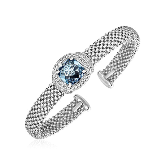 Blue Topaz & Diamond Popcorn Cuff Bangle in Silver