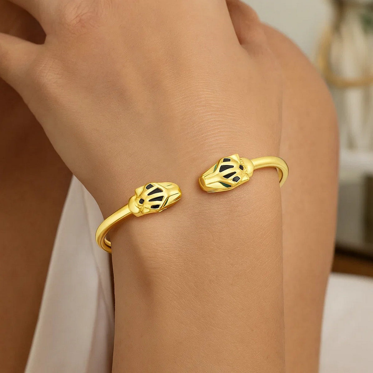 Panther Head Cuff Bangle in 14K Yellow Gold, worn