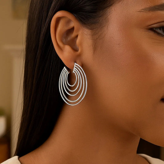 Diamond Cut & Polished Five Row Hoop Earrings in Silver