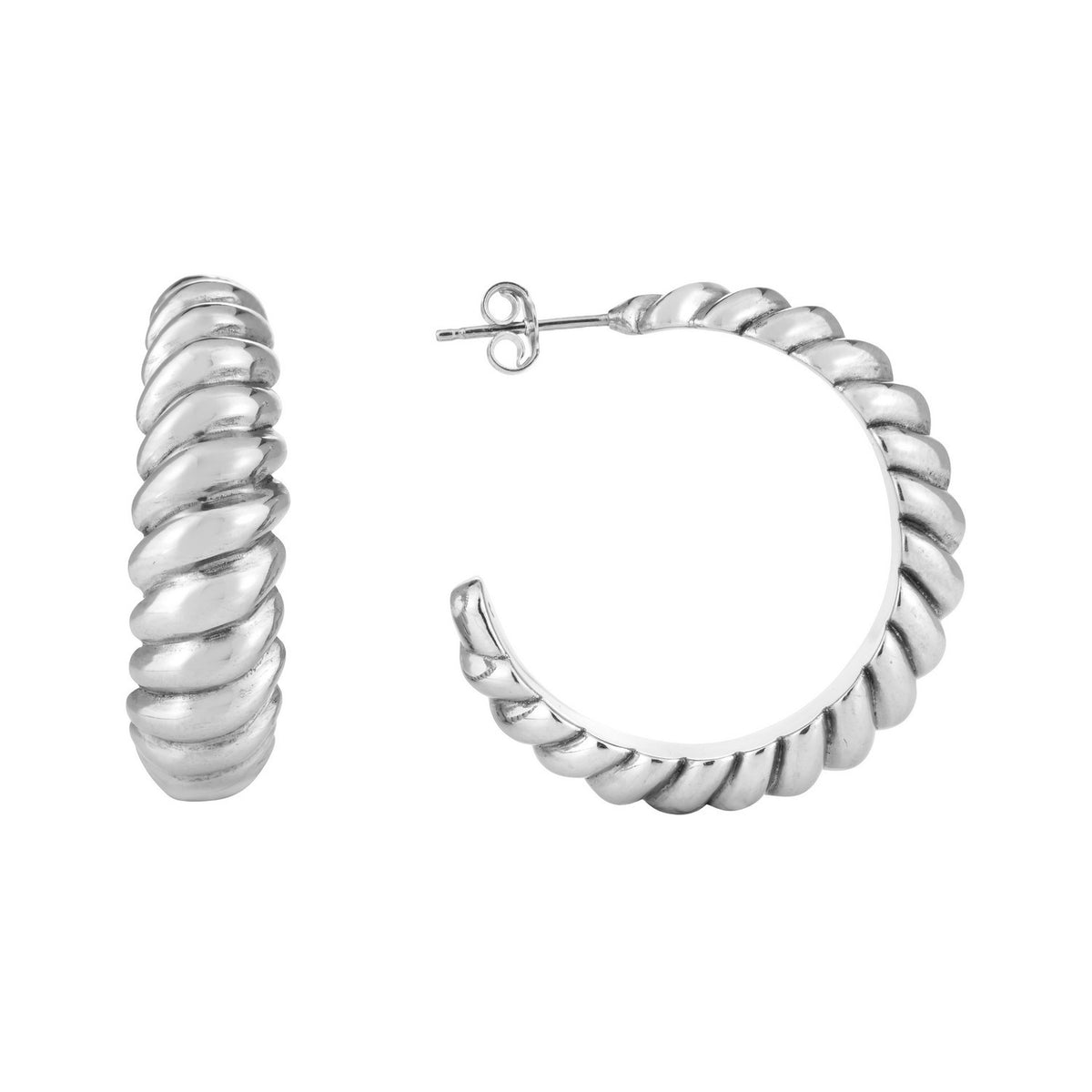 Large Ribbed Twisted Hoop Earrings in Rhodium-Plated Sterling Silver