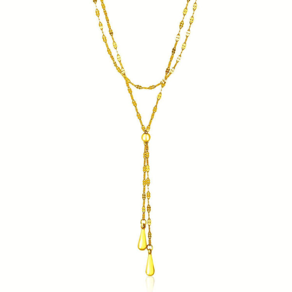 Puffed Heart Lariat Double Strand Necklace in 14K Yellow Gold