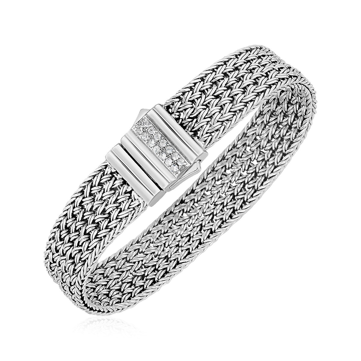 Woven Rope Bracelet with White Sapphire Clasp in Sterling Silver