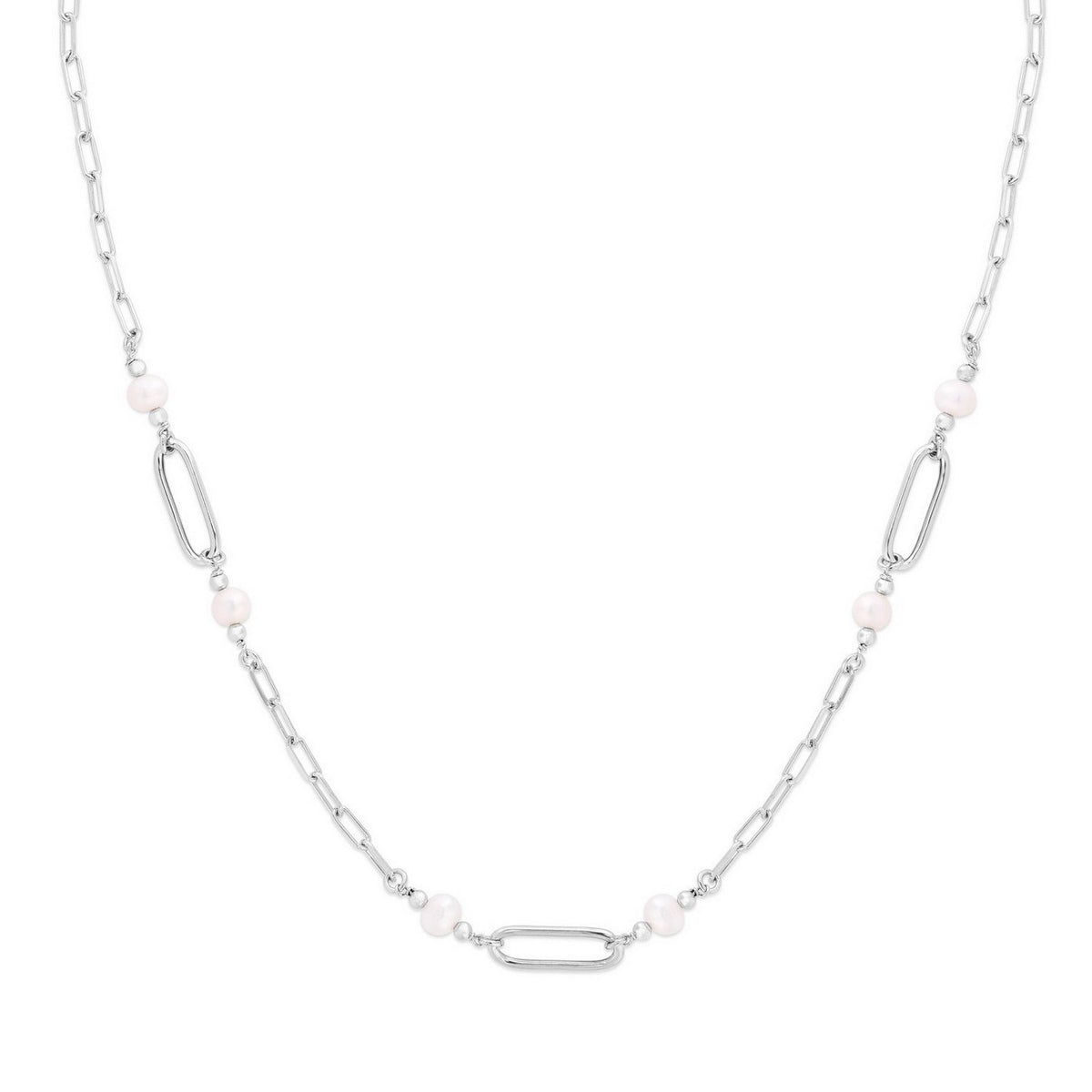Freshwater Pearl Paperclip Necklace in Rhodium-Plated Sterling Silver