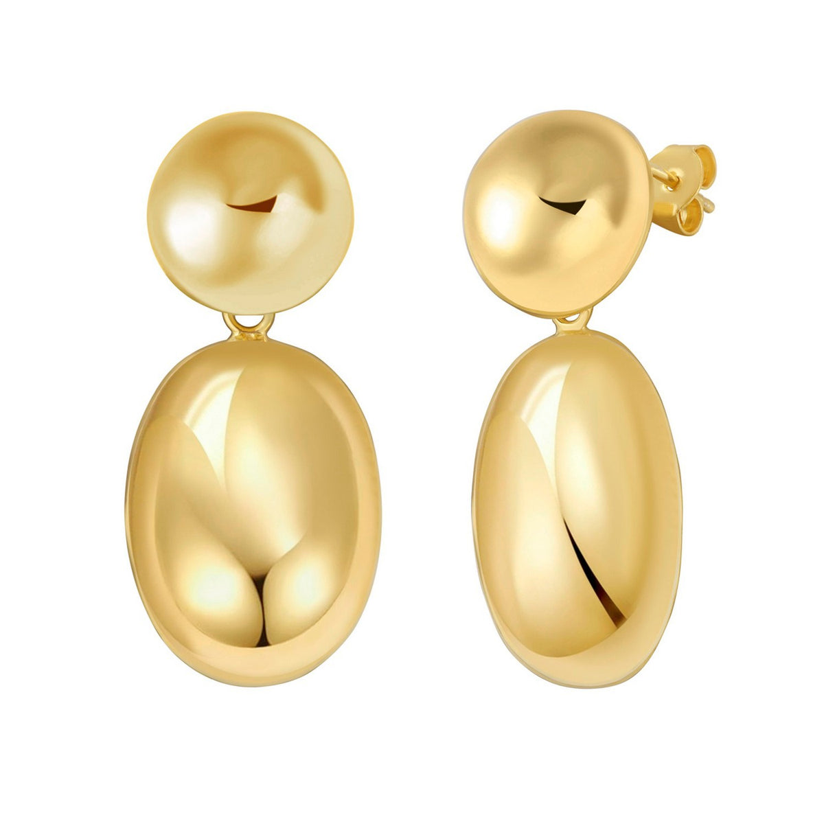 Puffed Oval Double Button Drop Earrings in Rhodium Silver