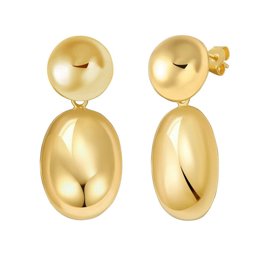 Puffed Oval Double Button Drop Earrings in Rhodium Silver