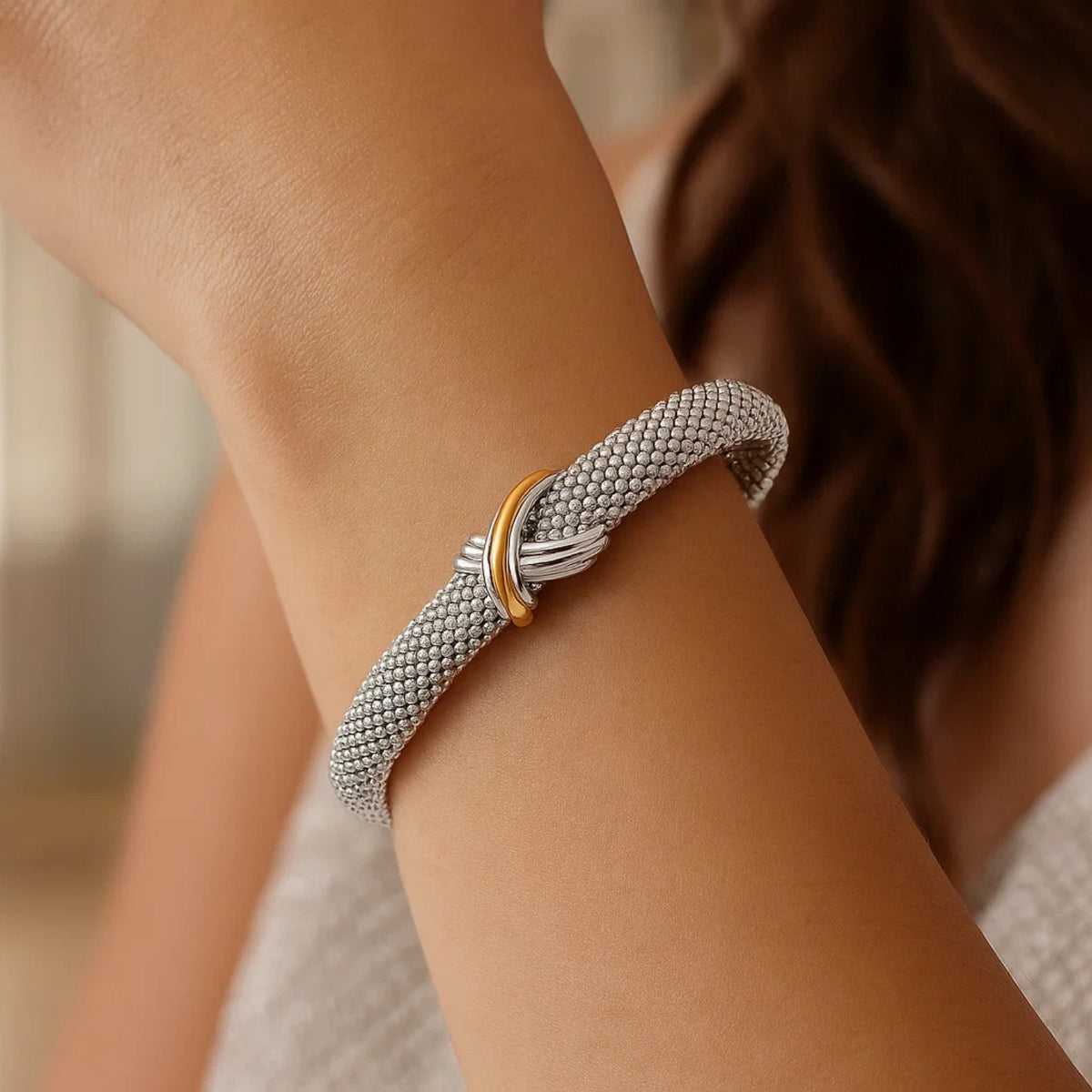 Popcorn Cuff Bangle in Sterling Silver & 18K Gold (10.00 mm)
