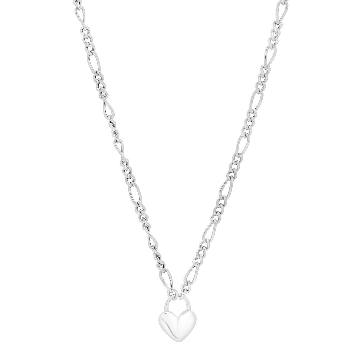 Heart Padlock Figaro Necklace in Rhodium-Plated Sterling Silver