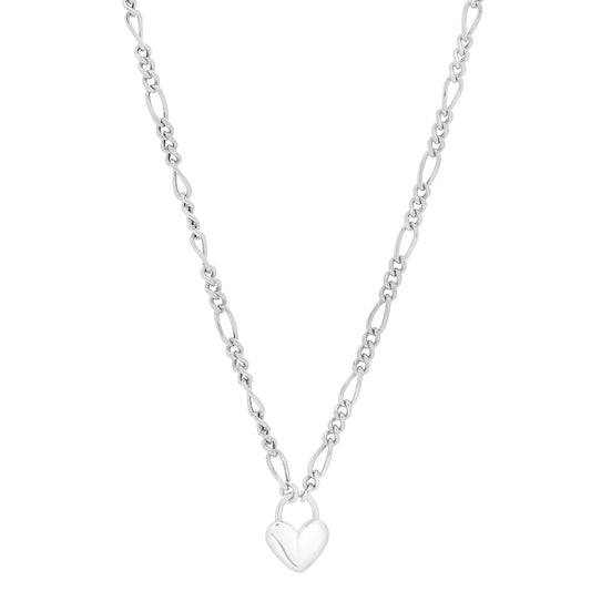 Heart Padlock Figaro Necklace in Rhodium-Plated Sterling Silver