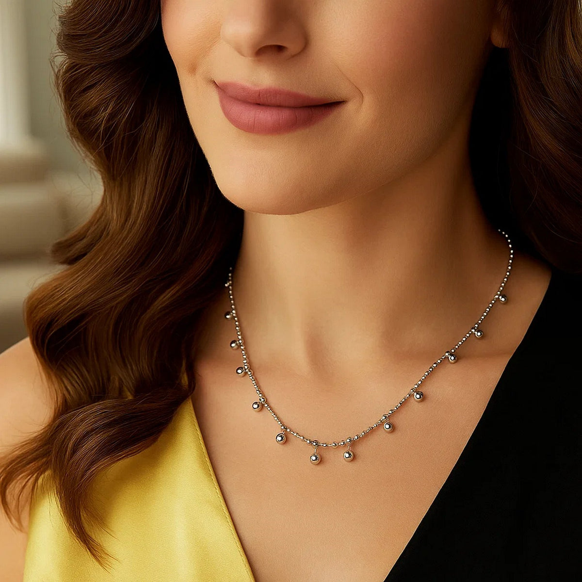 Bead Necklace in Rhodium-Plated Sterling Silver