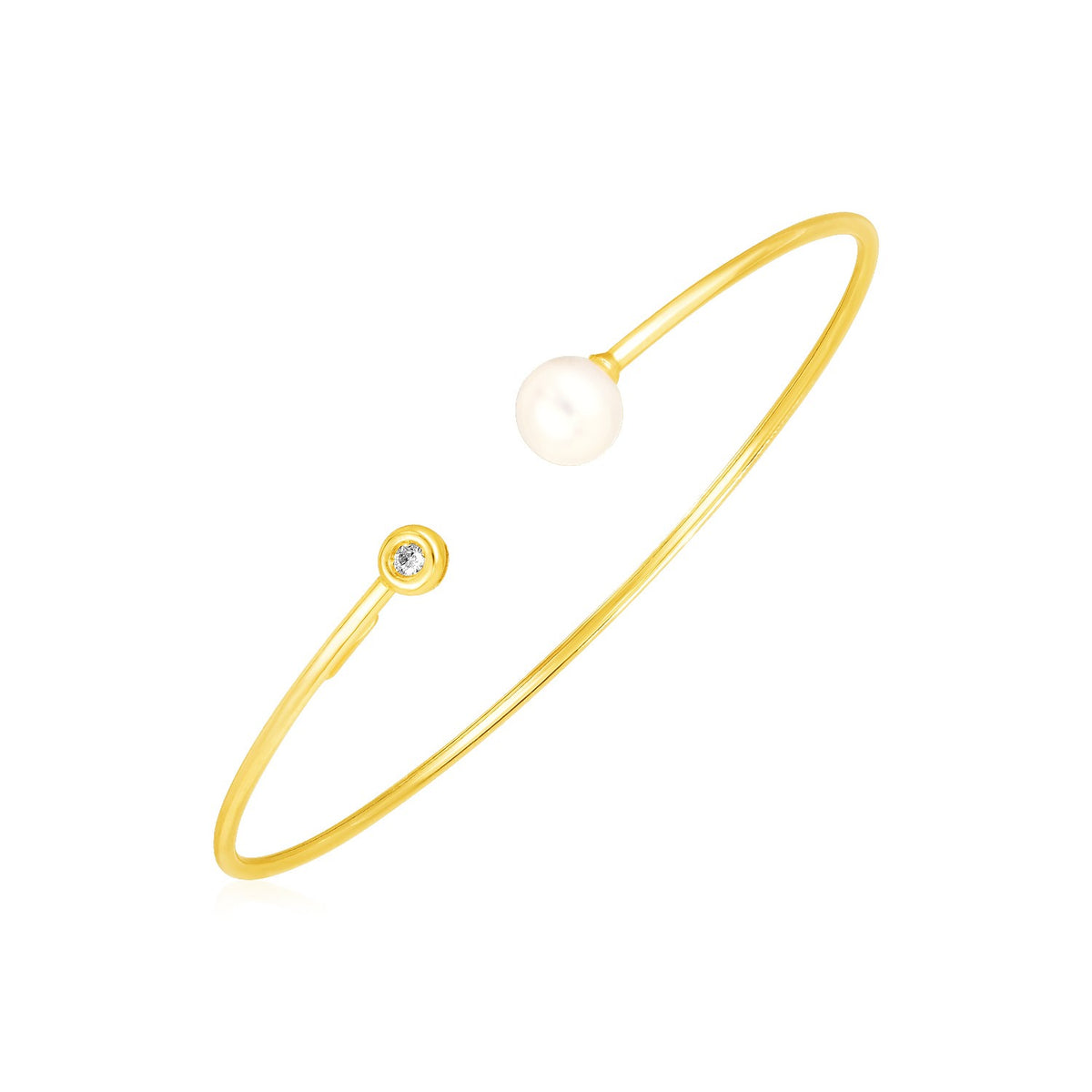 Cuff Bangle with Pearl and Diamond in 14K Yellow Gold (3.00 mm)