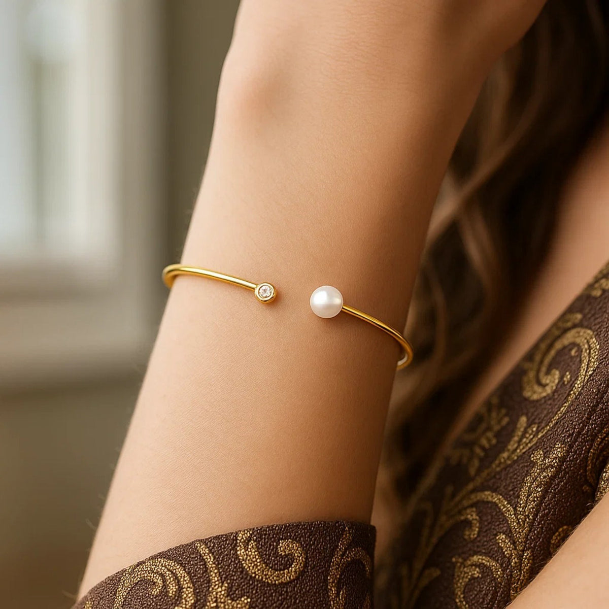 Cuff Bangle with Pearl and Diamond in 14K Yellow Gold (3.00 mm)