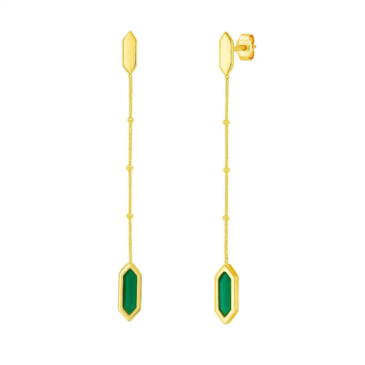 Hexagon Malachite Drop Earrings in 14K Yellow Gold