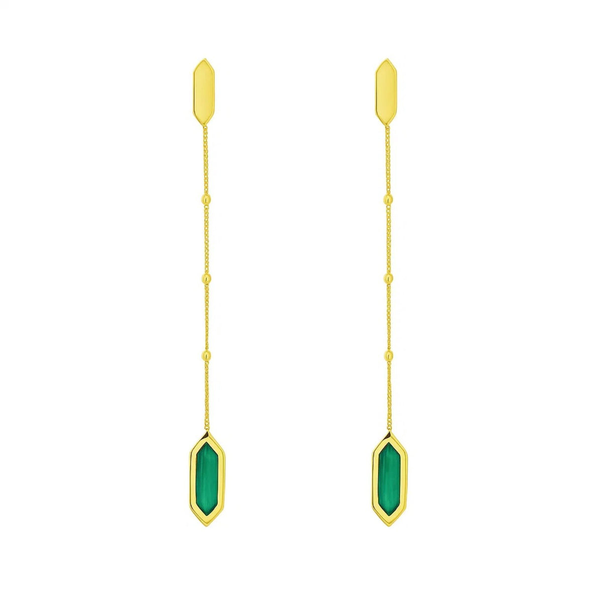 Hexagon Malachite Drop Earrings in 14K Yellow Gold