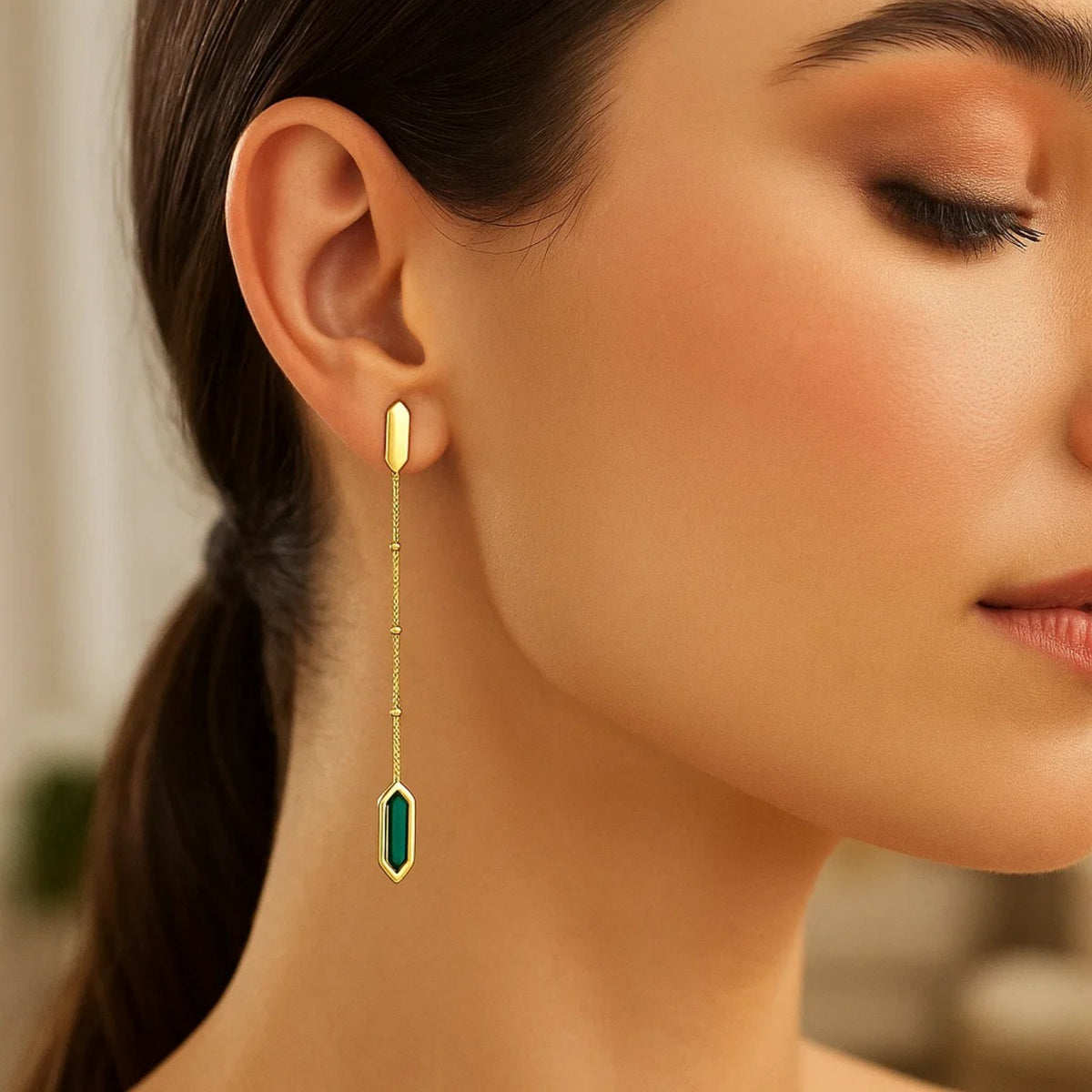 Hexagon Malachite Drop Earrings in 14K Yellow Gold