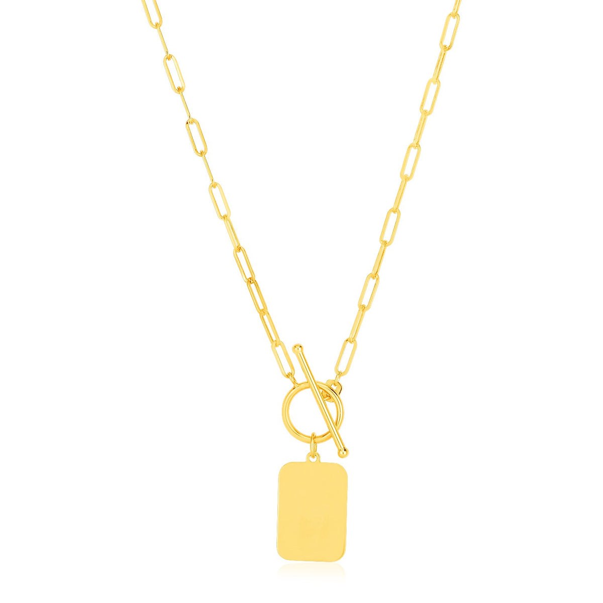 Paperclip Chain Necklace with Rounded Rectangle Pendant in 14K Yellow Gold