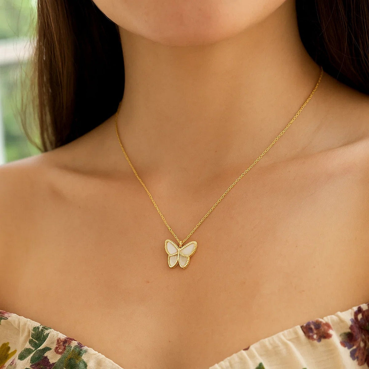 High Polish Butterfly Peral Paste Necklace in 14K Yellow Gold
