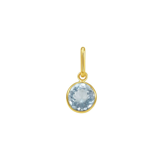 Round aqua charm pendant bezel set in 14K yellow gold on a fixed bail