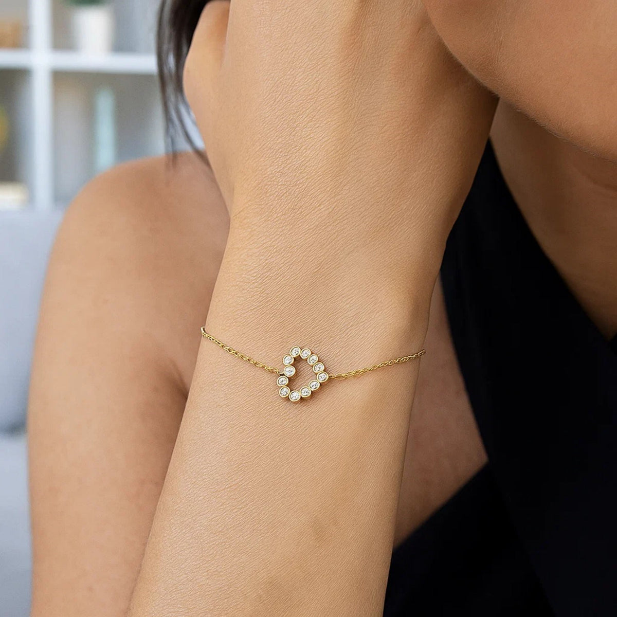 Petite Diamond Heart Bracelet in 14K Yellow Gold, worn