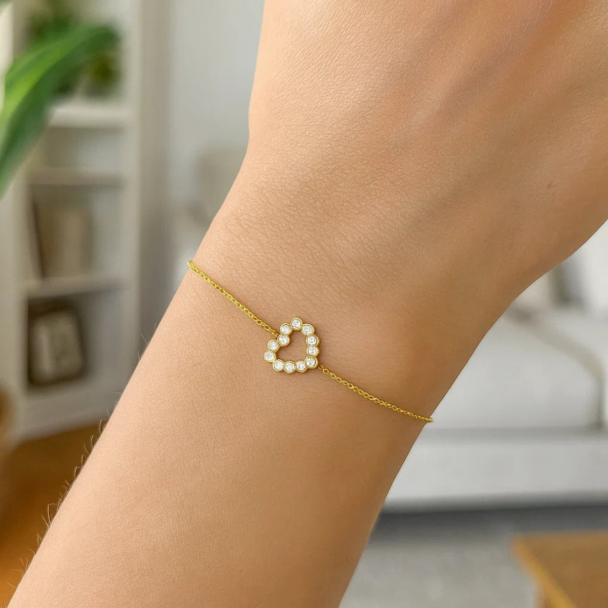 Petite Diamond Heart Bracelet in 14K Yellow Gold, worn