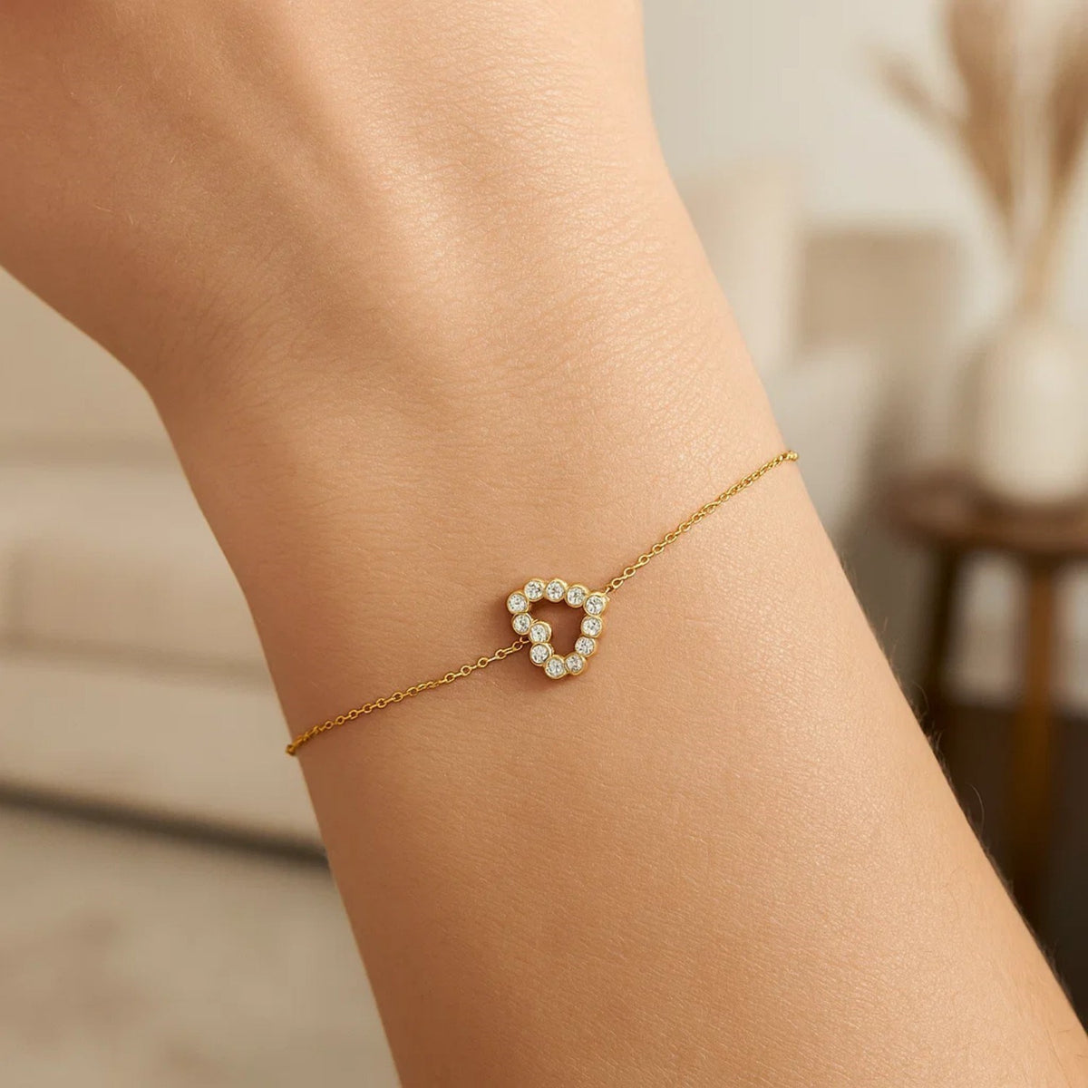 Petite Diamond Heart Bracelet in 14K Yellow Gold, worn