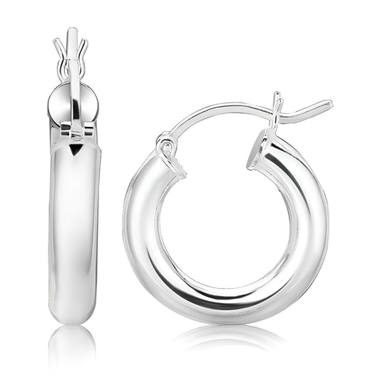 Polished Rhodium Plated Thick Hoop Earrings in Sterling Silver (4x20mm)