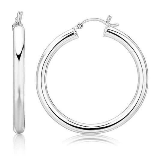 Rhodium-plated sterling silver thick polished hoop earrings, 4x35mm, on white background