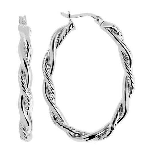 Rhodium-plated sterling silver twisted oval hoop earrings, 4x22mm, on white background
