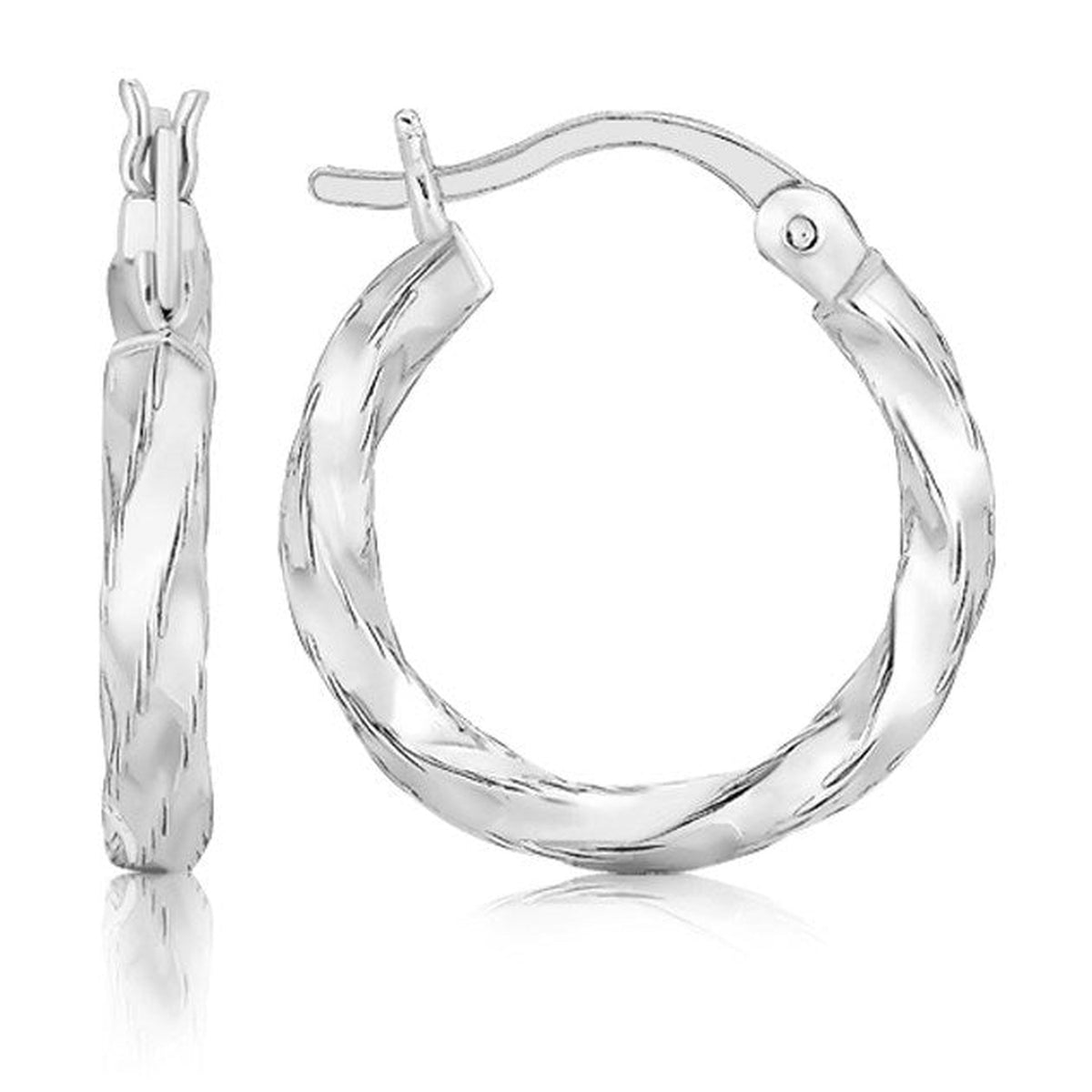 Sterling silver spiral style polished hoop earrings, 3x15mm, on white background
